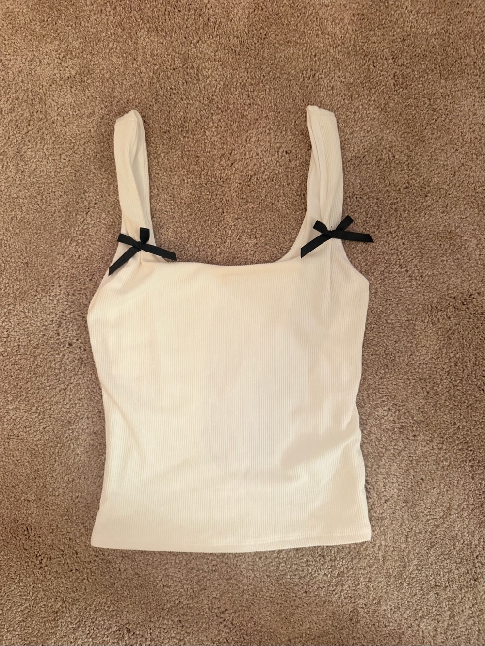 gaze White Ribbed Tank Top with Black Bow Straps